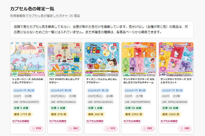 カプセル色の確定一覧。カプセル色確定のカード